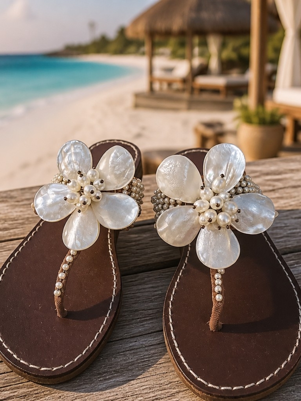 Beverly Feldman Women's Brown Pearl Flower Thong Sandals